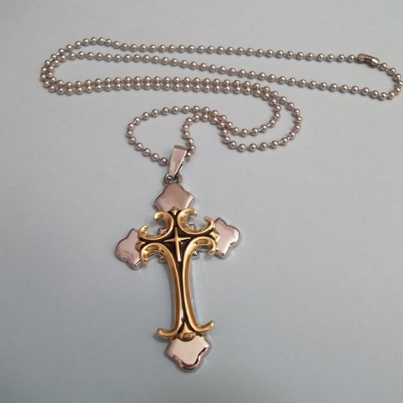 *5/35* New Stainless Steel Black and Gold Tone  Fancy Cross Necklace - Picture 4 of 4